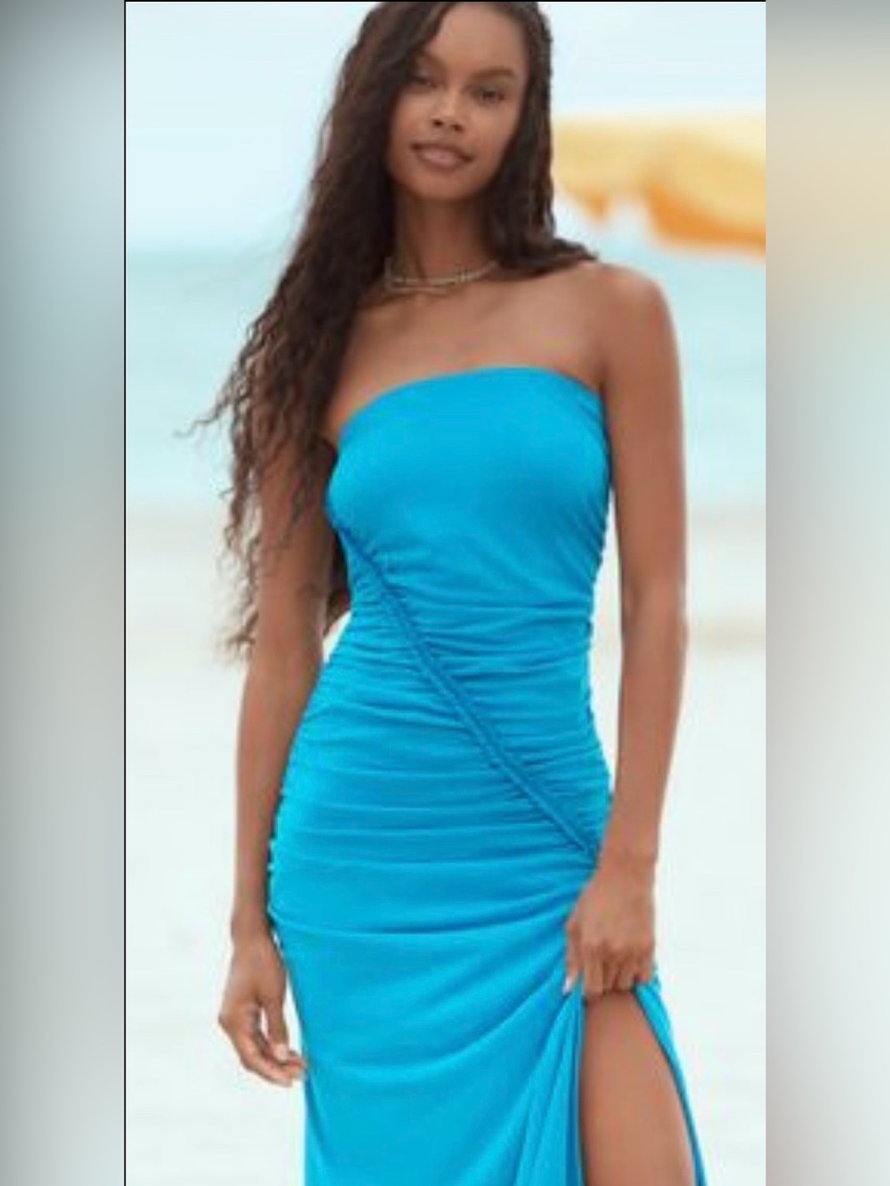 Anthropologie Strapless Turquoise Ruched Maxi Dress